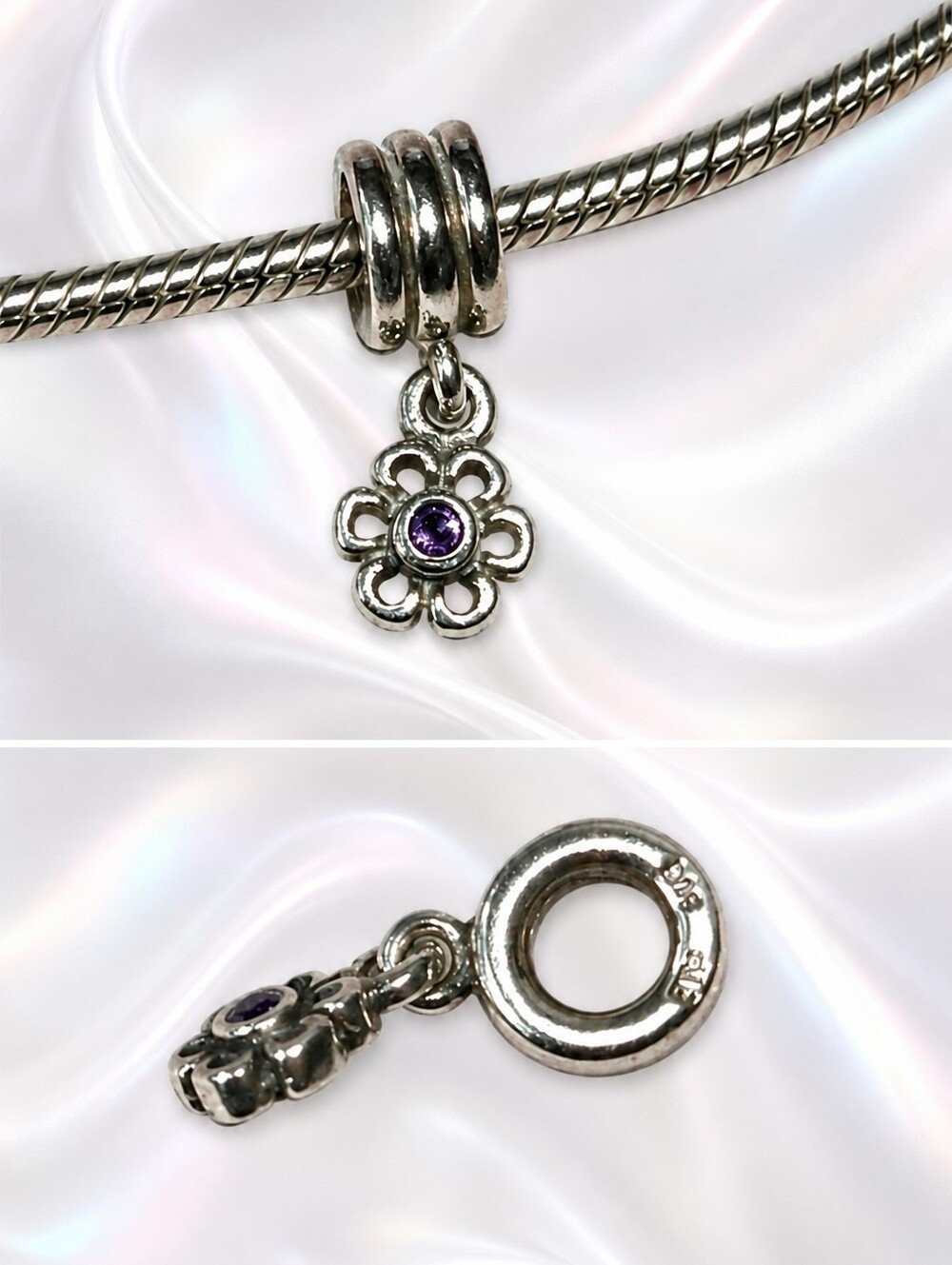Vintage Pandora SS Dangle Flower Charm with Purple Gem Charm.